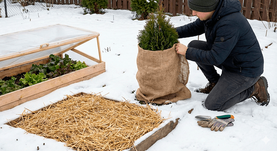 Garden covered in snow with protected plants