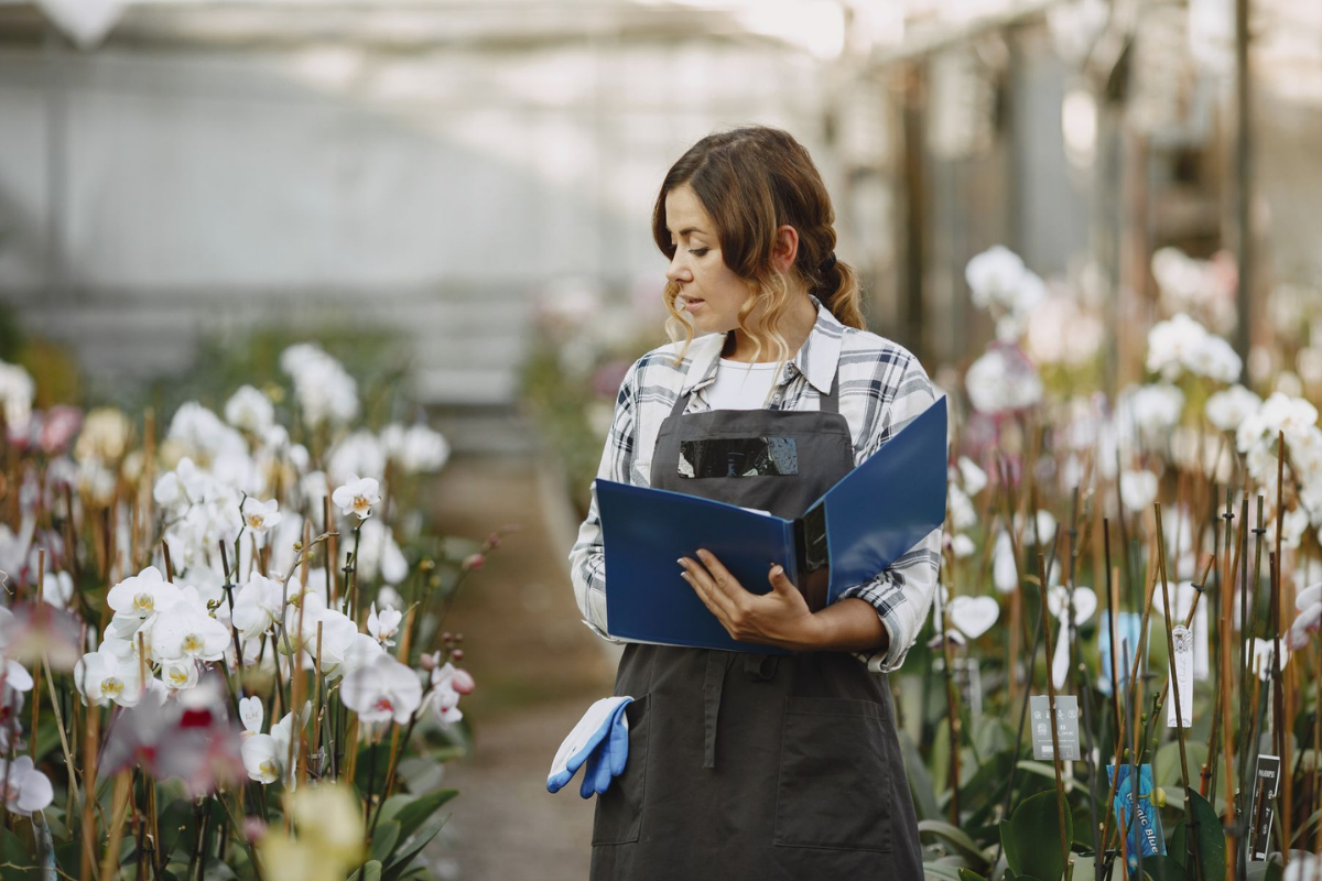 Nursery worker checking plants against a written list in a greenhouse