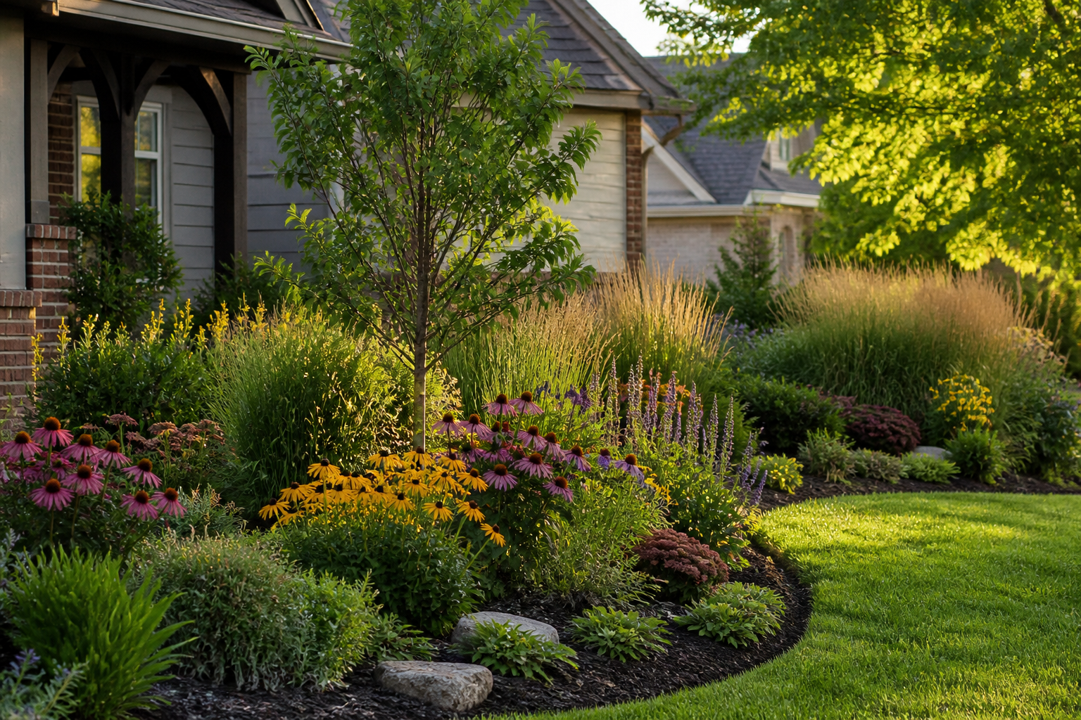 Lush drought-tolerant native garden in an Illinois suburban yard