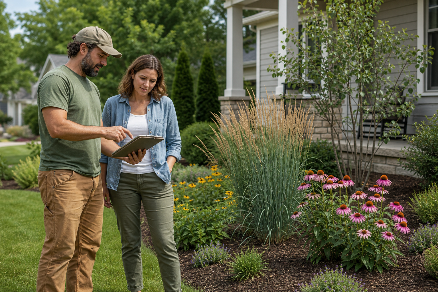 Landscaper and homeowner reviewing a newly installed native Illinois garden