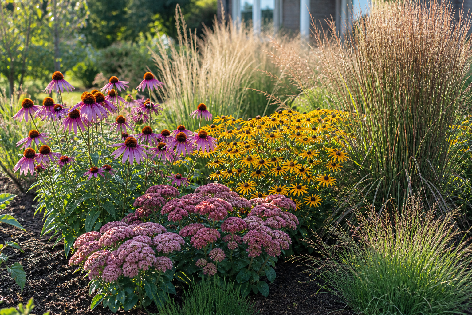 Illinois native drought-tolerant perennials and grasses in a designed planting bed