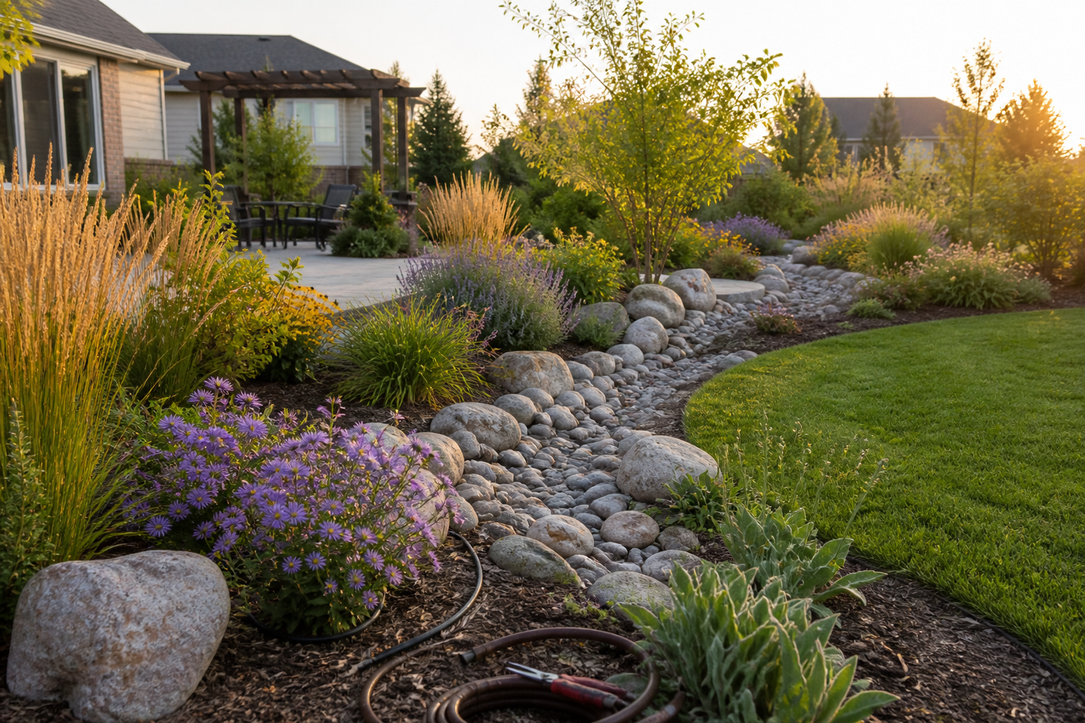 Water-wise Illinois landscape with a dry creek bed, native plants and drip irrigation