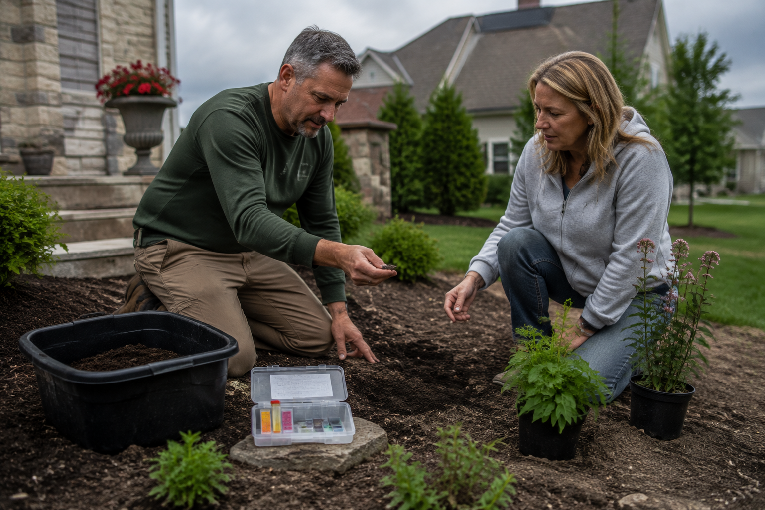 Gardener installing a native perennial in prepared Illinois soil