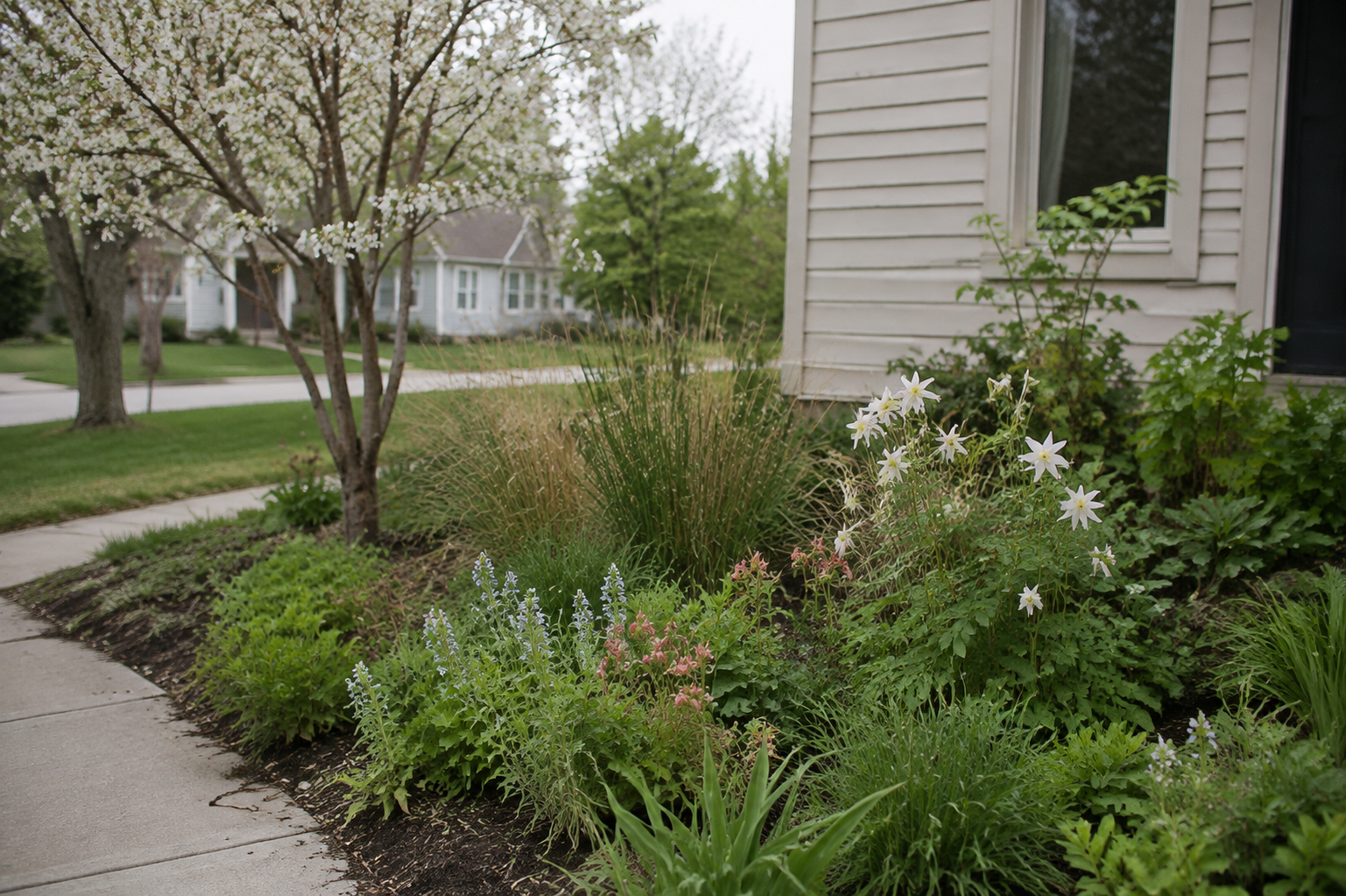 Layered Illinois native plant garden with flowers and grasses